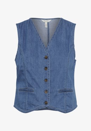 Gaiši zils džinsu vestes modelis ar V veida kakla izgriezumu, septiņiem pogu aizvēršanas elementiem, divām priekšējām kabatām un nedaudz izliekta apakšmalu.