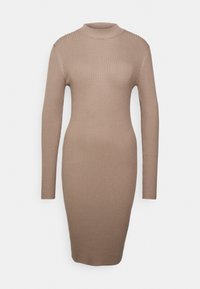 Robe côtelée mi-longue couleur beige doux, avec un col haut et des manches longues. Confectionnée dans un matériau extensible pour une silhouette ajustée.