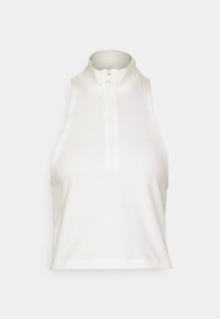 Λευκό ριβέ crop top με ψηλό γιακά και κοντή φερμουάρ. Το ύφασμα έχει υφητή επιφάνεια και είναι εφαρμόστο με καθαρό χείλος.