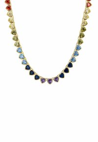 Gold necklace with multi-colored heart-shaped gemstones, arranged symmetrically in a graduated pattern, showcasing vibrant hues and clarity.