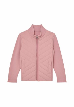 Rosa Jacke mit Reißverschluss, vorne gesteppt mit Chevron-Mustern, geripptem Kragen und langen Ärmeln aus weichem, strukturiertem Material.