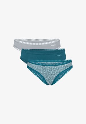 Three women's lace-trimmed bikini briefs in teal solid, teal patterned, and light gray solid, stacked with brand logo on each waistband.