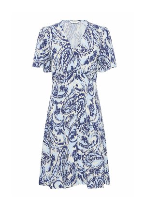 Kortærmet kjole i et blåt og hvidt paisley-mønster. V-udskæring med knapper og en udsvingsskørt. Fremstillet af letvægtsstof.