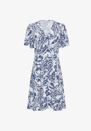 Īsām piedurknēm kleita zila un balta paisley rakstā. V-veida dekoltē ar pogām un izplestu svārku. Izgatavota no viegla auduma.