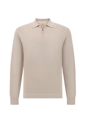 Beige langærmet polo sweater med lynlås i halsen, ribbede manchetter og tekstureret stof. Simpelt design med en neutral farve.