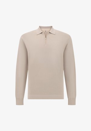 Beige long-sleeve polo sweater with a zippered neckline, ribbed cuffs, and textured fabric. Simple design with a neutral color.