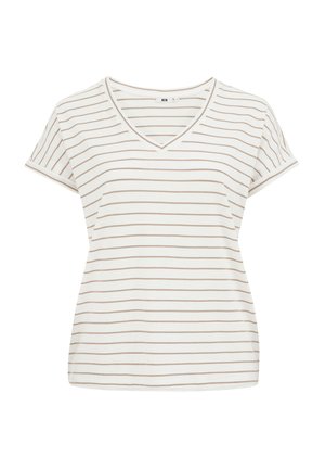 Prúhované tričko v smotanovej farbe s tenkými hnedými pruhmi. V-neck dizajn, krátke rukávy, vyrobené z mäkkej tkaniny, s voľným strihom a jemnou textúrou.