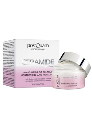 Pot de crème contour des yeux hydratante PostQuam Professional Ceramide avec couvercle argenté et boîte rose et blanc pour le contrôle de l'âge.