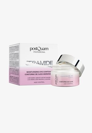Pot de crème contour des yeux hydratante PostQuam Professional Ceramide avec couvercle argenté et boîte rose et blanc pour le contrôle de l'âge.