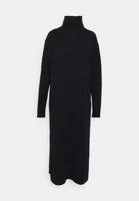 Schwarzes, gestricktes Turtleneck-Kleid mit langen Ärmeln, lockerer Passform und knielangem Saum. Glatte Textur ohne sichtbare Muster oder Akzente.