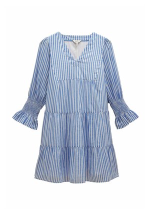 Blue and white striped dress with a V-neck, three-quarter sleeves, ruffled cuffs, and tiered design. Made from lightweight fabric.