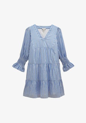 Blue and white striped dress with a V-neck, three-quarter sleeves, ruffled cuffs, and tiered design. Made from lightweight fabric.