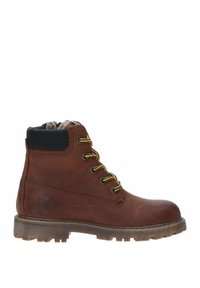 Braune Leder-Stiefelette mit schwarzem Kragen, gelben Schnürsenkeln und Gummisohle. Verfügt über strukturierte Seitenpaneele und Metallösen.