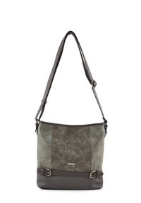 Weiche, strukturierte graue Leder-Schultertasche mit verstellbarem Riemen, dunkelgrauen Akzenten und silbernen Hardware-Details. Rechteckige Form mit einem semi-strukturierten Design.