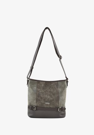 Soft, textured gray leather shoulder bag with adjustable strap, dark gray accents, and silver hardware detailing. Rectangular shape with a semi-structured design.