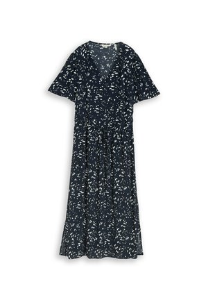 Navy blue midi dress with white abstract spots, short flutter sleeves, V-neckline, and a drawstring waist.