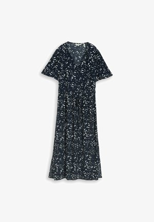 Robe midi bleu marine avec taches blanches abstraites, manches courtes à volants, encolure en V et taille à cordon.