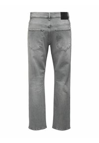Vaqueros de mezclilla gris con un corte recto, que cuentan con dos bolsillos traseros y un diseño minimalista. Textura suave y cinturilla de altura media.