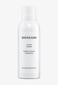 Weißer zylindrischer Behälter mit matter Oberfläche, beschriftet mit "Sachajuan Volume Powder" in fettem schwarzen Text. Inhalt von 200 ml.