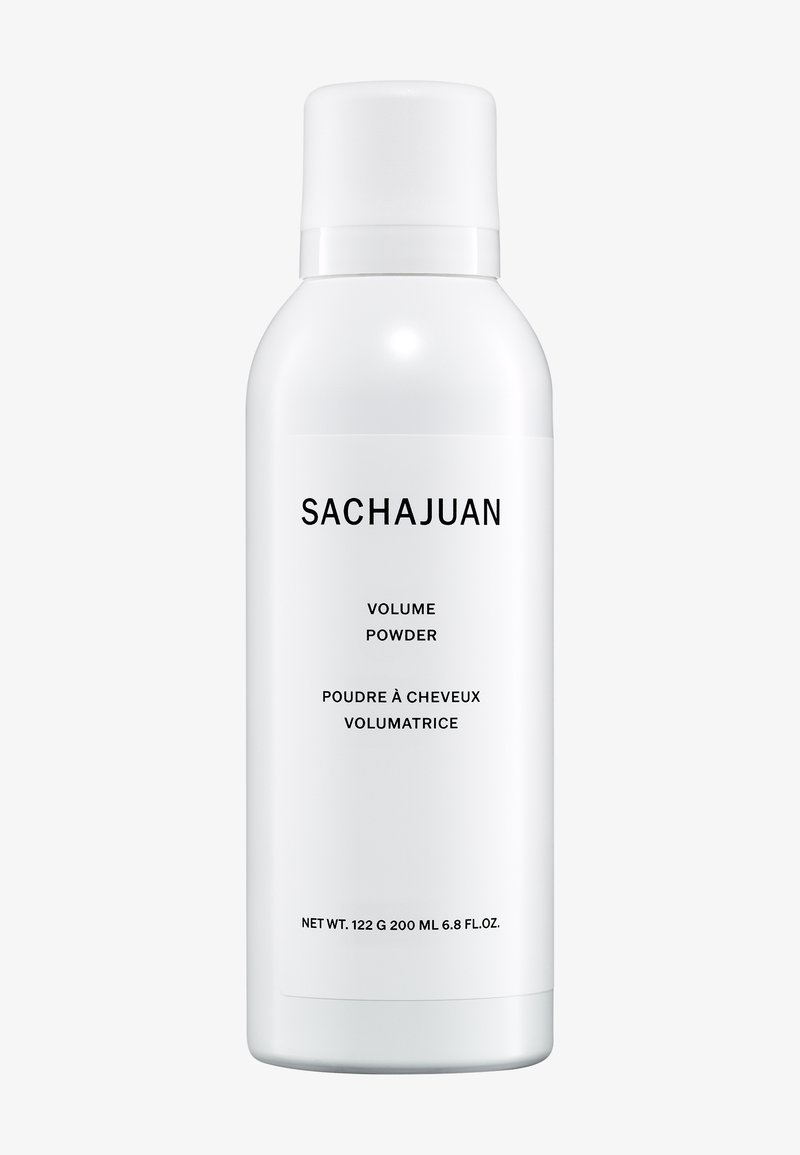Weißer zylindrischer Behälter mit matter Oberfläche, beschriftet mit "Sachajuan Volume Powder" in fettem schwarzen Text. Inhalt von 200 ml.