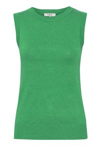 Grön ärmlös topp gjord av mjuk trikå, med rund hals, ribbad textur och rak fåll med en något figurnära passform.