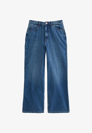 Blue denim wide-leg jeans with a high waist, five-pocket design, and a button fly closure. Features subtle fading and contrast stitching.
