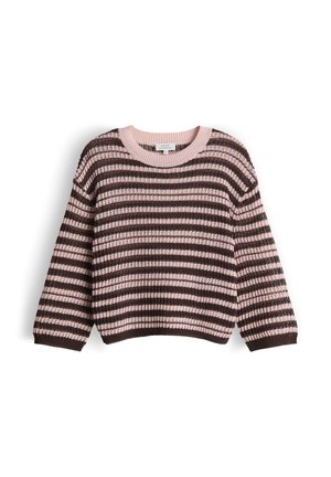 Grober Strickpullover mit langen Ärmeln, horizontalen rosa und dunkelbraunen Streifen, Rundhalsausschnitt sowie gerippten Bündchen und Saum.