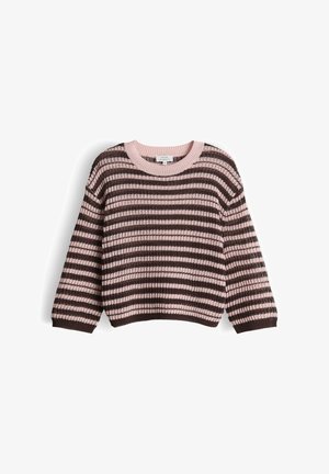 Grober Strickpullover mit langen Ärmeln, horizontalen rosa und dunkelbraunen Streifen, Rundhalsausschnitt sowie gerippten Bündchen und Saum.