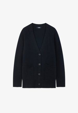 Cardigan noir en maille avec col en V, quatre boutons sur le devant, deux poches avant et poignets et ourlet côtelés.