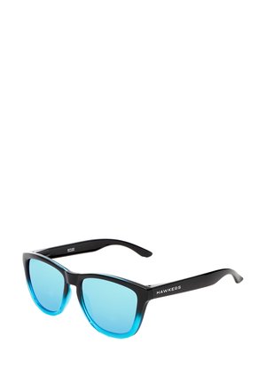 Black sunglasses with blue mirrored lenses. Bold, angular design features a black frame with gradient blue accents on the lenses.