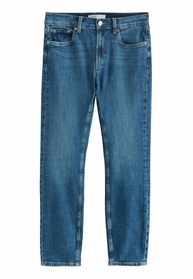 Blauwe denim jeans met een slim fit, voorzien van een standaard vijf-pocket ontwerp, subtiele wassing en contrasterende stiksels.
