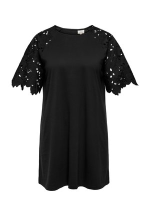 Robe noire à manches courtes avec manches à découpes florales en dentelle et encolure ronde, coupe ample, longueur genoux.