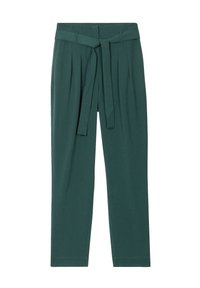 Pantalons taille haute en vert foncé, fuselés avec des plis, passants de ceinture et une ceinture en tissu assorti nouée à l'avant.
