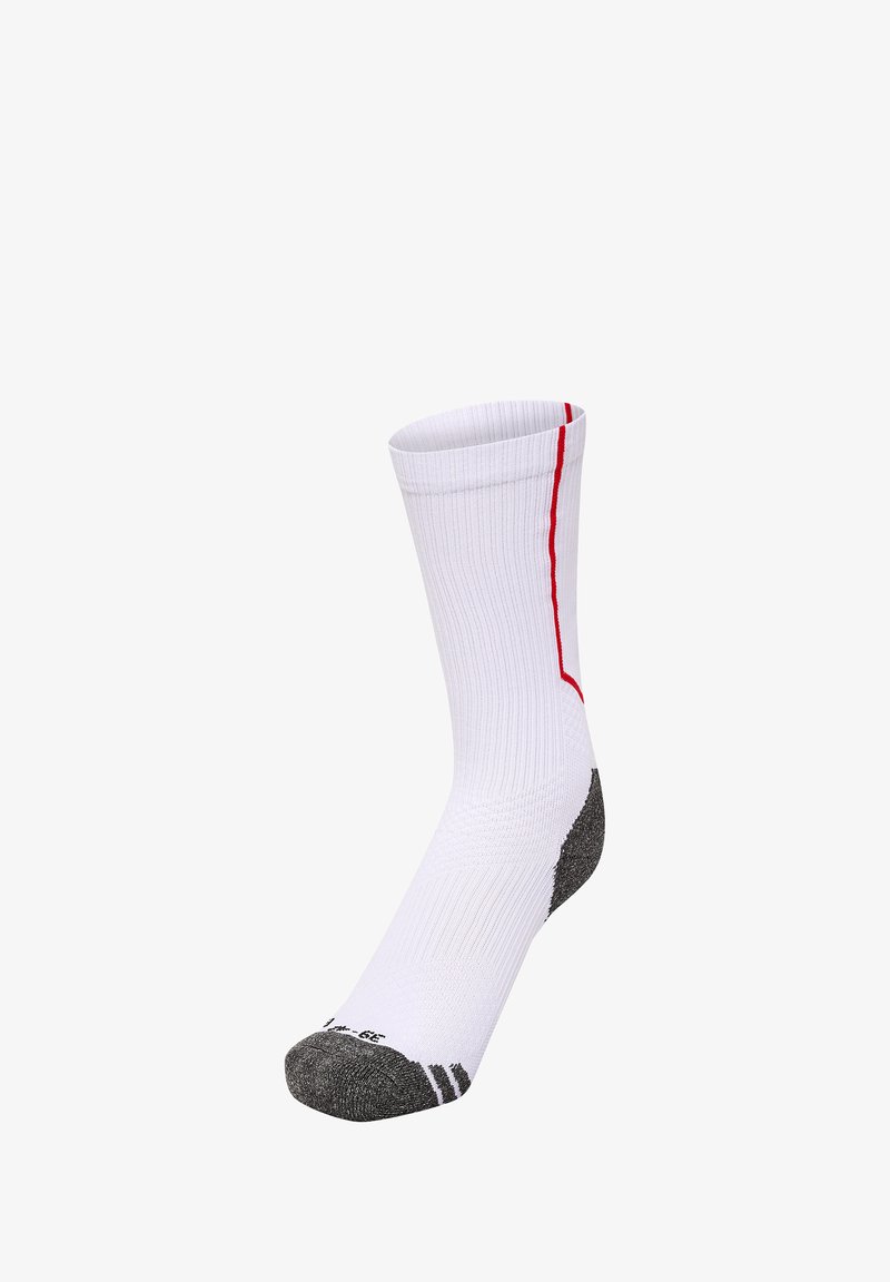 White athletic sock with ribbed texture, red accent stripe, and reinforced grey heel and toe. Mid-calf height, suitable for sports activities.