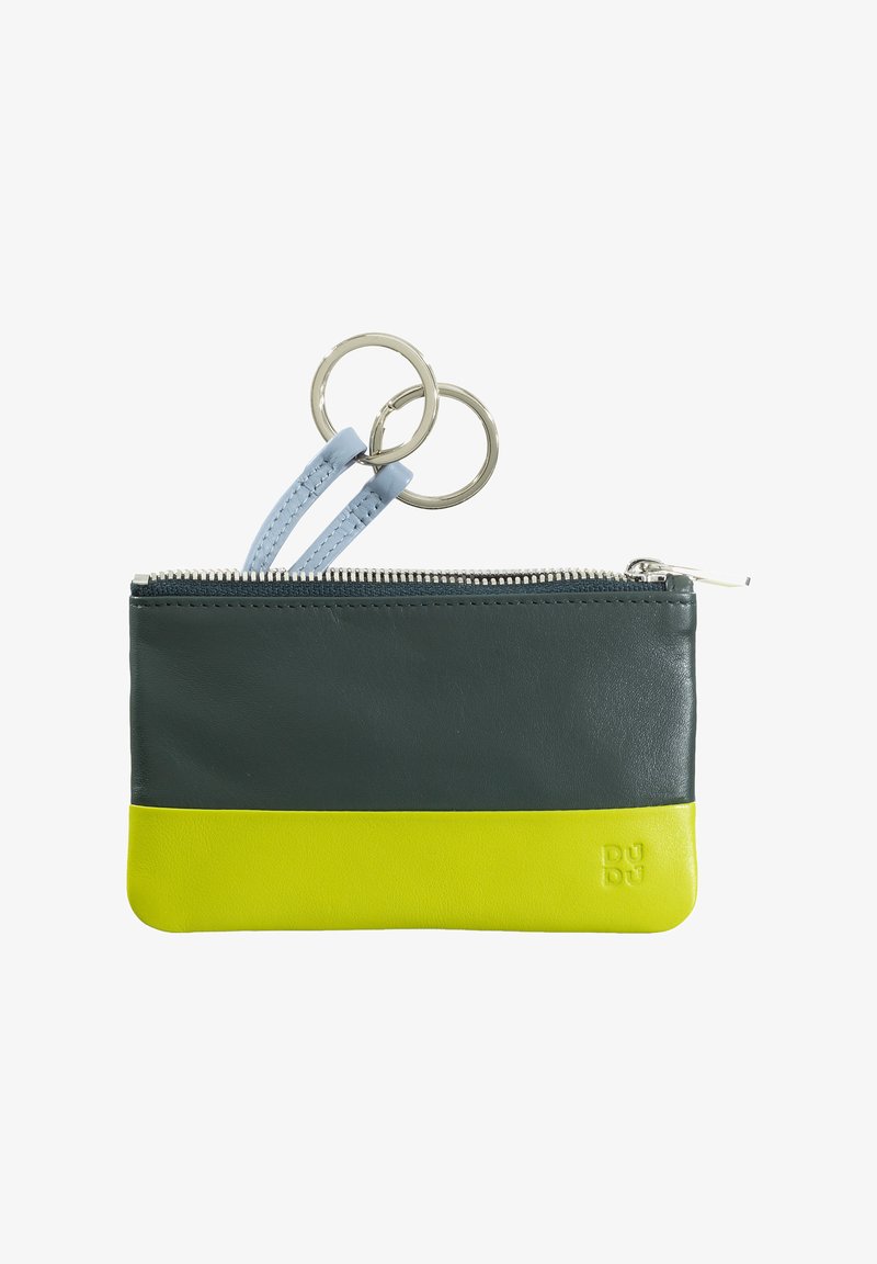 Green and yellow leather wallet with a smooth texture, featuring a zipper closure and two silver key rings attached.