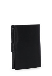 Sort læderpung med glat tekstur, rektangulær form og lukning med klap. Indeholder synlige syninger og et kompakt design.