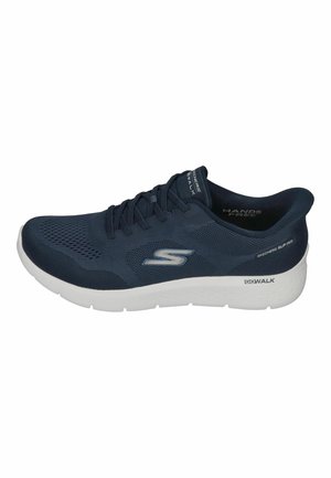 Navy blue Skechers Go Walk sneaker with white sole, mesh upper, laces, and branding on side and tongue.