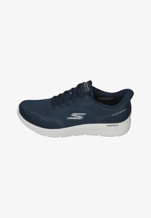 Navy blue Skechers Go Walk sneaker with white sole, mesh upper, laces, and branding on side and tongue.