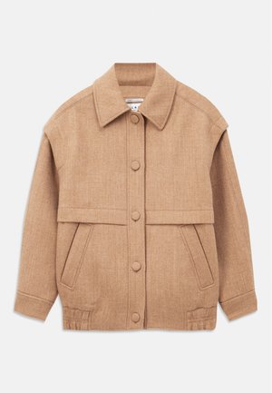 Beige Wollmischjacke mit Kragen, Knopfverschlüssen, zwei vorderen Taschen und einem leicht oversized Schnitt mit umgeschlagenen Ärmeln.
