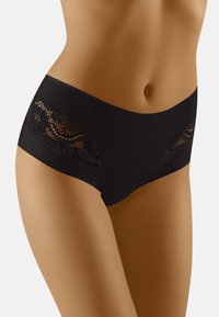Zwarte katoenmix hipster onderbroeken met een doorschijnende kantpaneel aan de zijkant met ingewikkelde patronen en een soepele tailleband voor comfort.