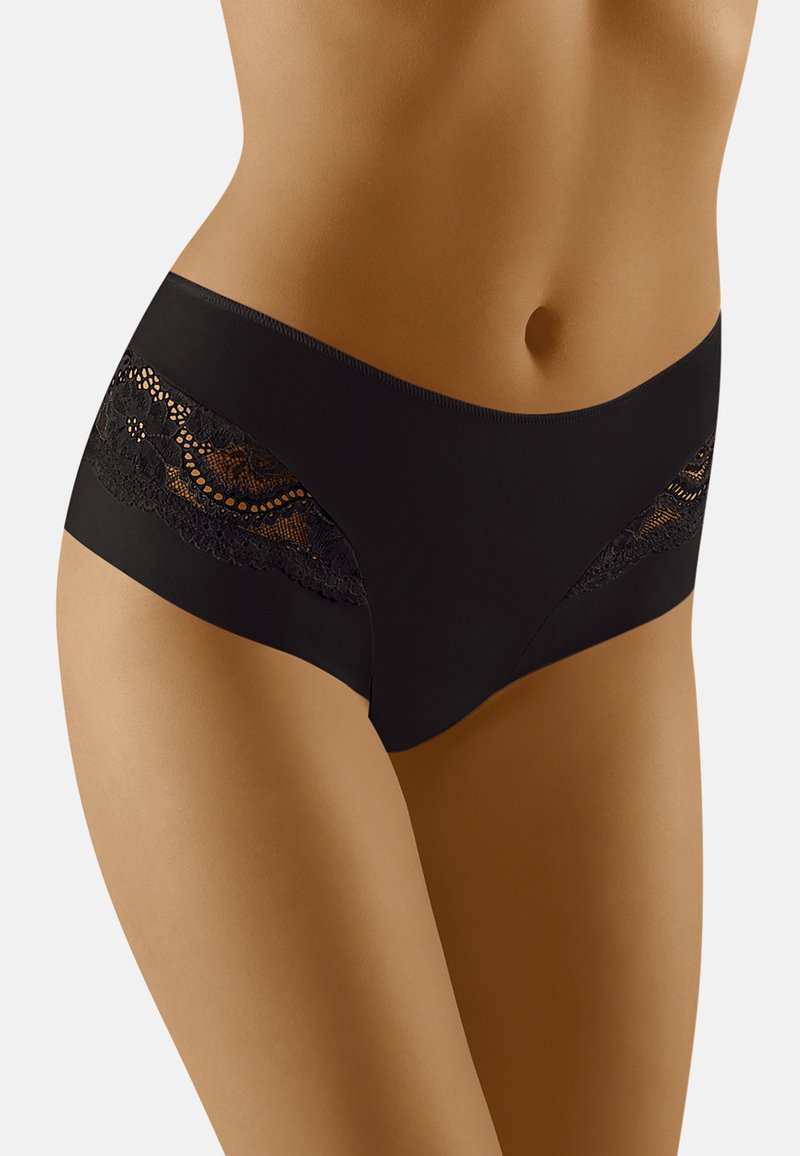 Zwarte katoenmix hipster onderbroeken met een doorschijnende kantpaneel aan de zijkant met ingewikkelde patronen en een soepele tailleband voor comfort.