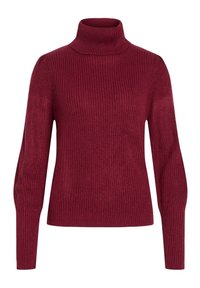Pull à col roulé en maille côtelée bordeaux avec manches longues et poignets ajustés.