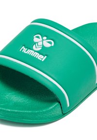 Green rubber slide sandal featuring a white stripe and embossed logo. Smooth texture with a wide strap and open toe design.