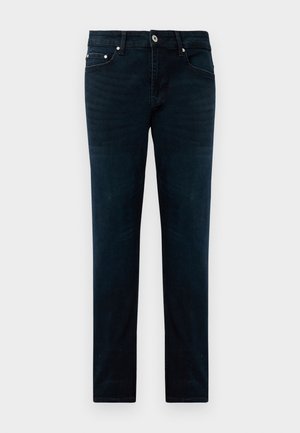 Mørkeblå slim-fit jeans med frontknap, lynlås, bæltestropper og fem lommer, lagt fladt på en hvid baggrund.