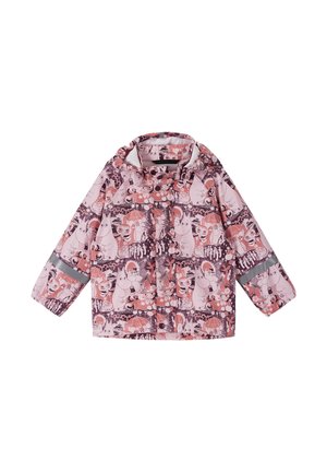 Pink børne regnjakke med tegneseriefigurer, hætte, knapper foran og reflekser på ærmerne.