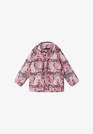 Pink børne regnjakke med tegneseriefigurer, hætte, knapper foran og reflekser på ærmerne.