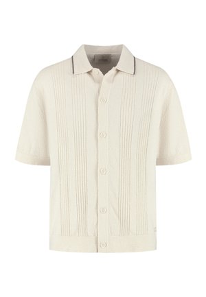 Korte mouwen crème gebreid poloshirt met verticale geribbelde structuur, knopen aan de voorkant en contrasterende bies op de kraag.