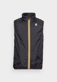 Svart ermeløs vest med høy krage, glidelåslukking og en gul og hvit stripete aksent. Har en liten logo øverst til venstre.