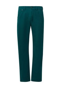 Donkerblauwe chinos gemaakt van zachte katoenstof, met een knoop- en ritssluiting, twee voorkruiken en een rechte pijpdesign.
