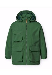 Groene hooded jacket van een gestructureerd materiaal, met een ritssluiting aan de voorkant, elastische manchetten en vier grote zakken aan de voorkant.